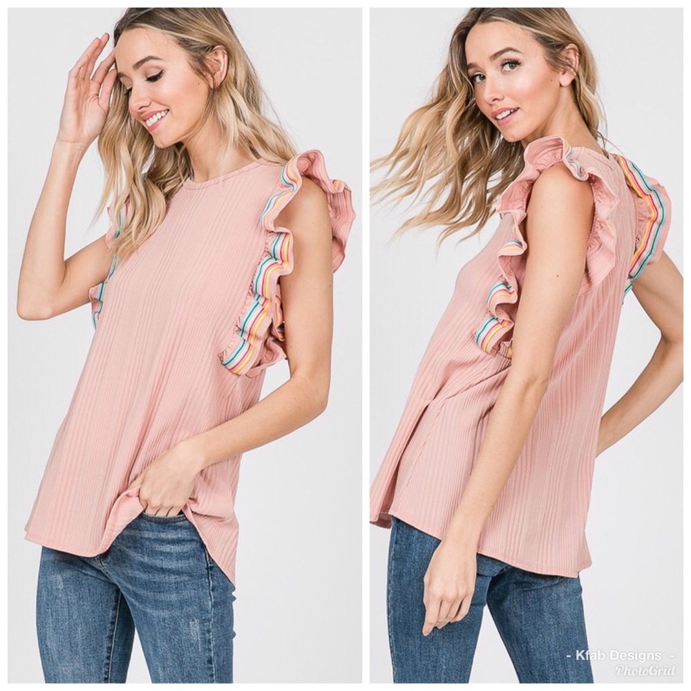 π LAST 1! Blush Ribbed Rainbow π Ruffle Top! - Picture 4 of 7